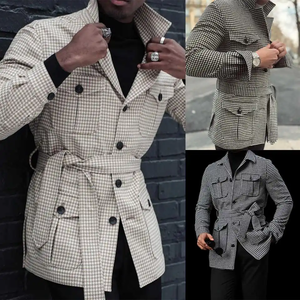 

Modern Houndstooth Men's Suit Coat Stand Collar Tuxedos Single Breasted Groom Wear Business Party Coats Only Blazer Customized