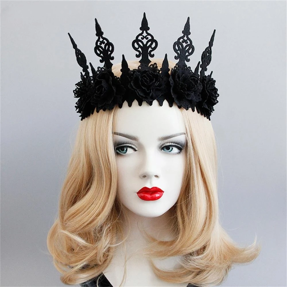 Vintage Women Head Wreath Gothic Black Crown Roses Tiara Headband Halloween Party Masquerade Cosplay Accessory