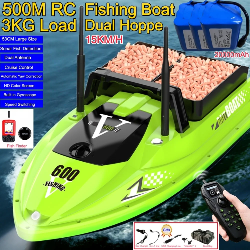 53CM Size Sonar Fish Finder Fishing Boat 15KM/H 500M Dual Hoppers 3KG Load Automatic Yaw Correction Cruise Control RC Bait Boat