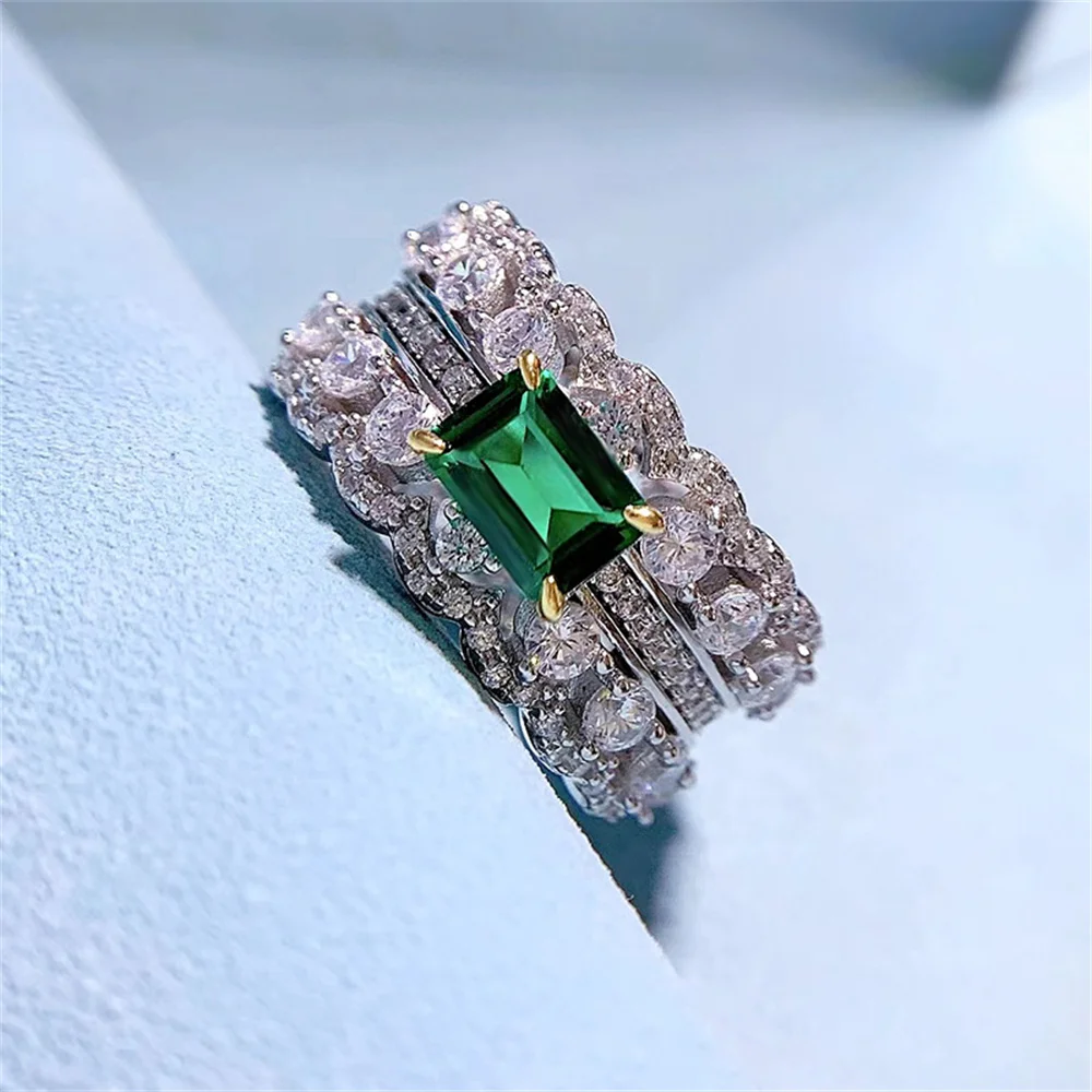 Wholesale of 925 silver handmade women's green diamonds inlaid with luxurious European and American geometric double row full di