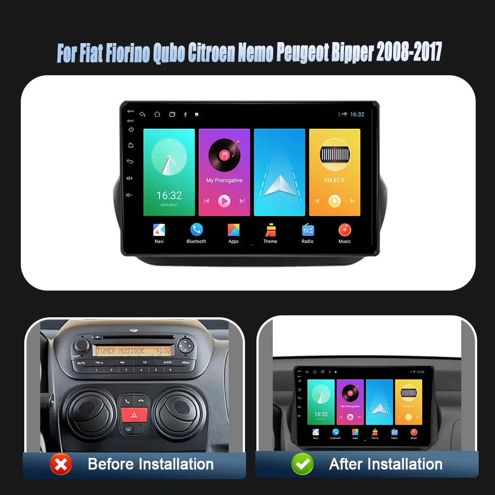 Wireless Carplay Car Radio Multimedia Navigation Player Android 14 For Fiat Fiorino Qubo Citroen Nemo Peugeot Bipper 2008-2017