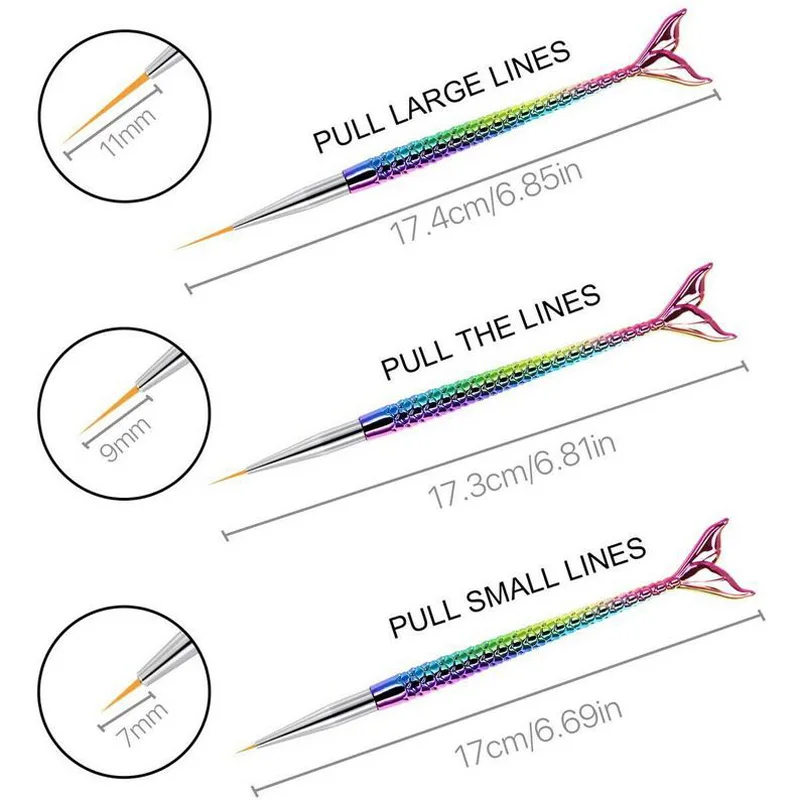 3Pcs/Kit Nail Art Liner Brush Ultra-thin Line (7/9/11mm) Drawing Striper Detailer Pen Mermaid Tiny Sharp Pen Nail Painting Brush