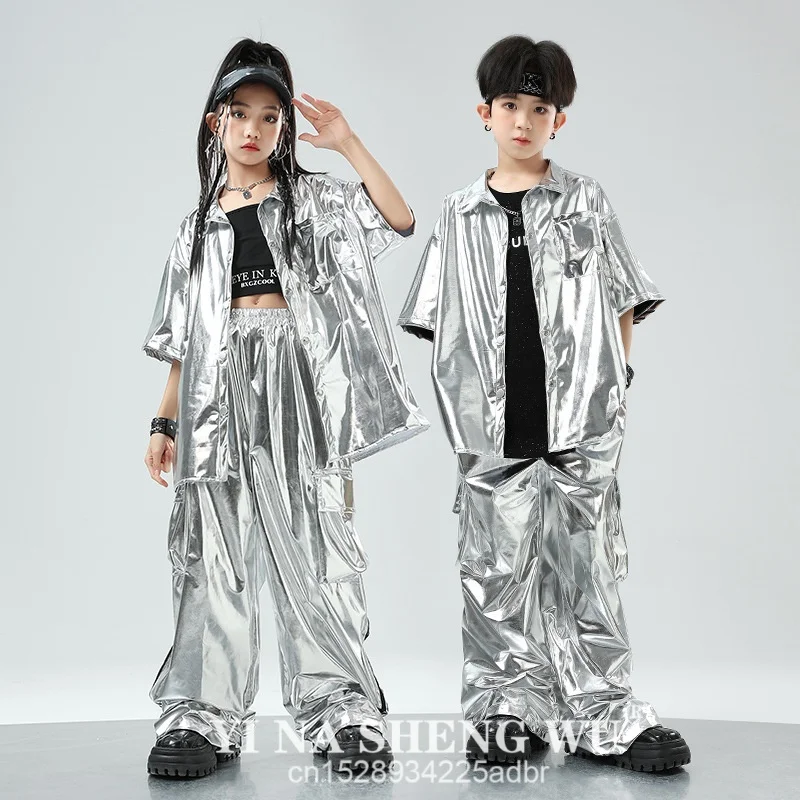 

Серебряная куртка в стиле хип-хоп для мальчиков, брюки-карго для уличных танцев, крутая уличная одежда с блестками для девочек, детская джазовая одежда, костюмы, детские блестящие костюмы