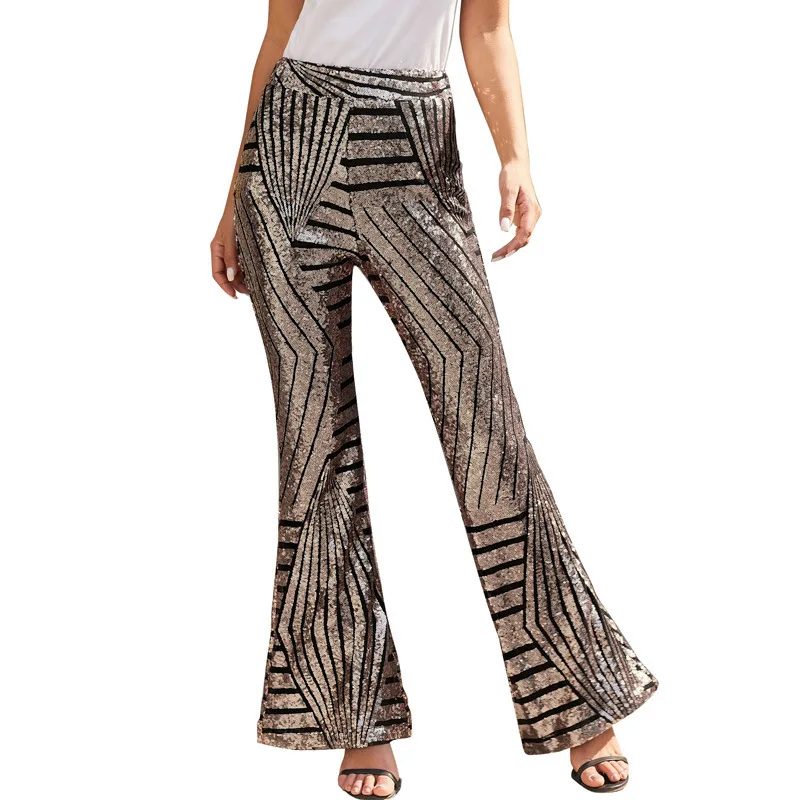 Flare Pants Women Sequins Trousers Casual Boot Cut Patchwork Elastic Waist Slacks Female 2025 High Street Vintage Full Length