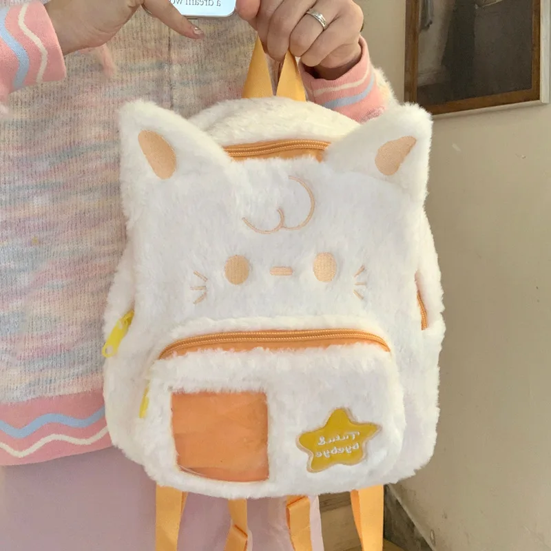 2024 women new cute plush cat backpack large capacity furry cartoon girl student school bag