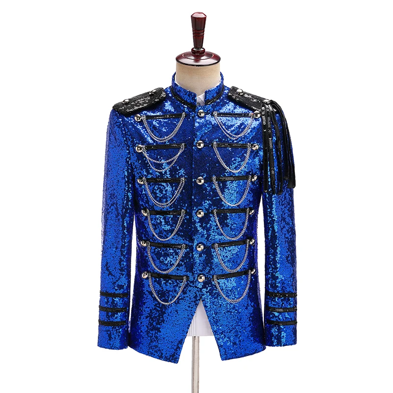 Męska wojskowa odzież wizytowa z cekinami, strój na występy pałacowe, strój dla piosenkarza, tancerza, strój dla prowadzącego, odzież taneczna dla DJ-a w klubie nocnym.