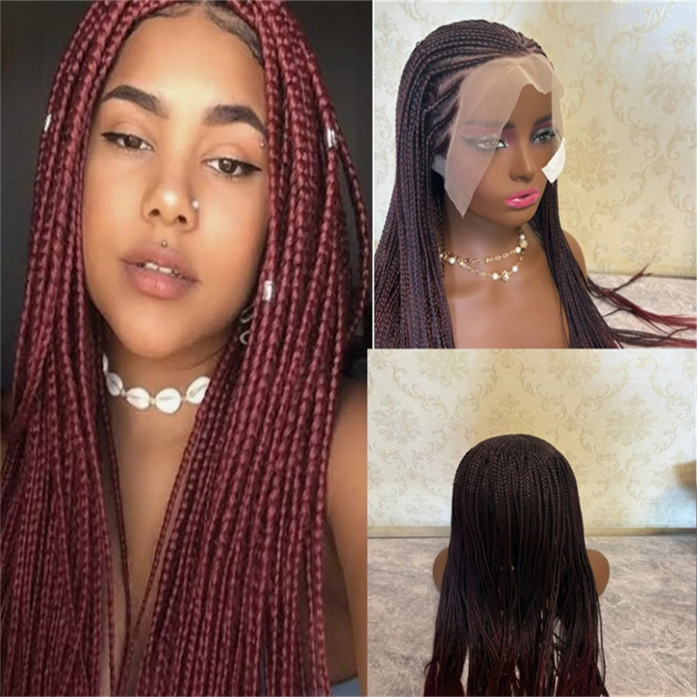 

Burgundy Red Synthetic Lace Frontal Wig Long Lace Wigs Braided Wigs for Women Lady Glueless Wine Red Twist Box Braiding Wig