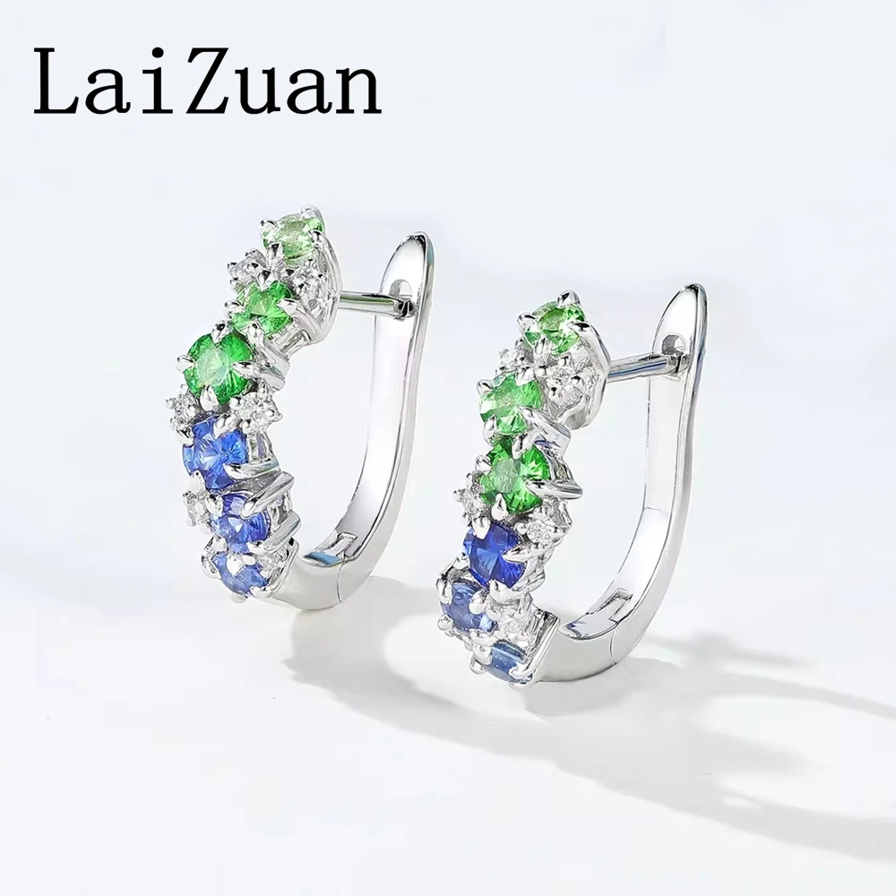 LaiZuan Solid 18K AU750 White Gold Tsavorite Sapphire Earrings Women Diamond Trendy Design Earrings Polish Shank High Quality