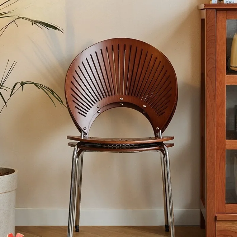 Vintage style solid wood backrest dining chair, light luxury shell chair, antique style leisure chair, high-end wooden chair