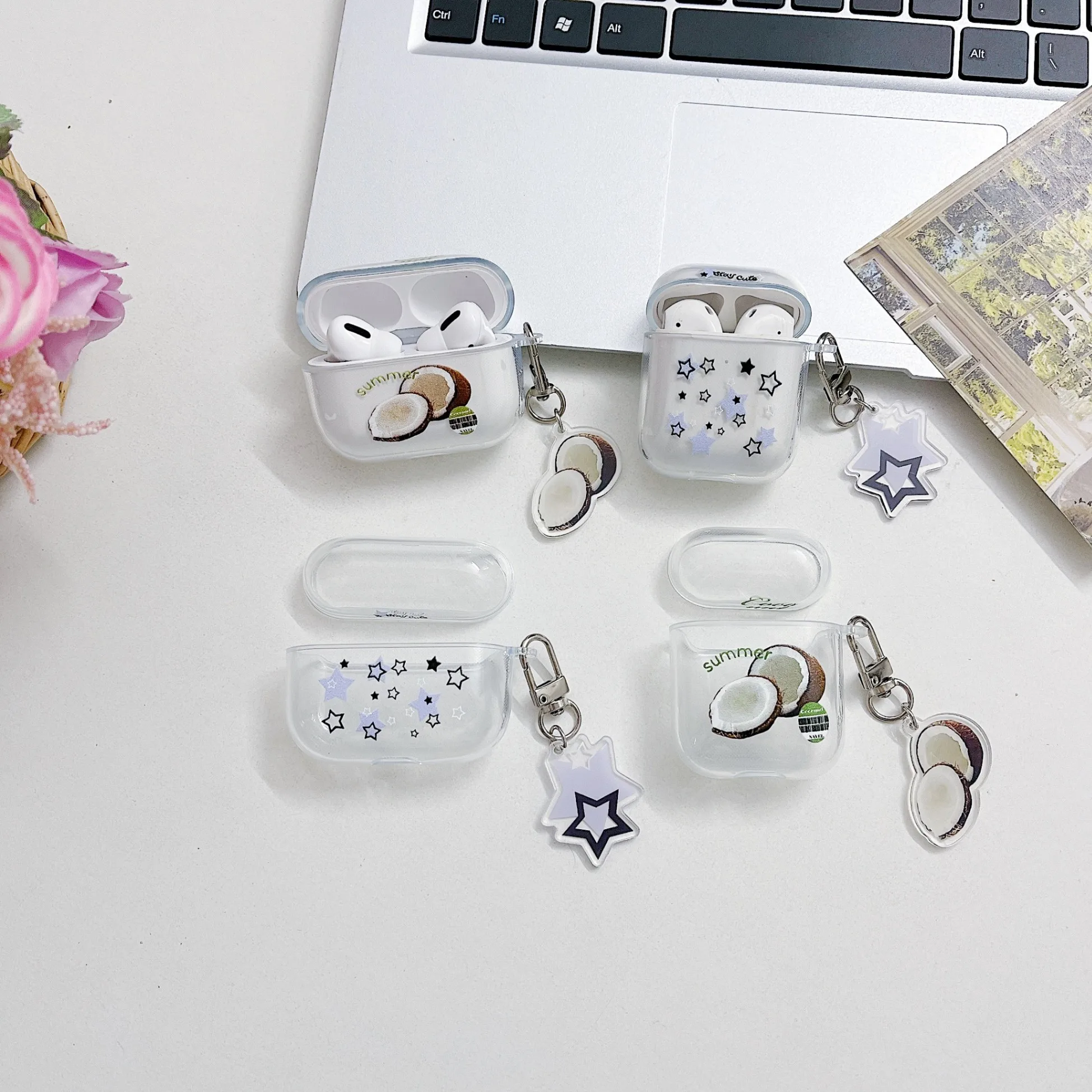 For Apple AirPods4 3 2 1 AirPods Pro Pro2 Earbuds Case Transparent Flowers Fruit Clouds Strawberry Peach Star Coconut Soft Cover