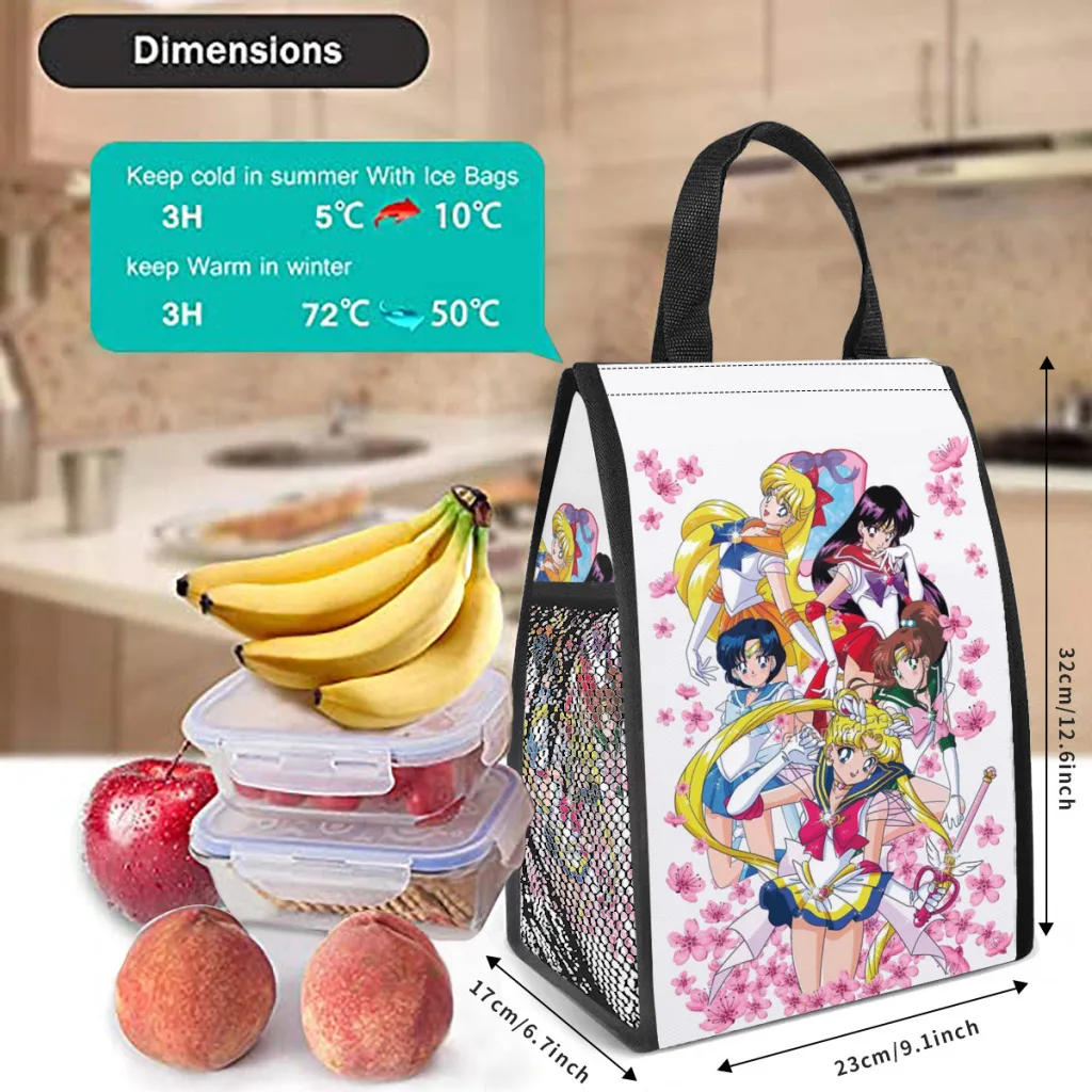 Girls-Sailor-Moon Insulated Thermal Cooler Bag Lunch bag Foods Drink Storage Leak proof Picnic Camping Bags Outdoor Box Portable