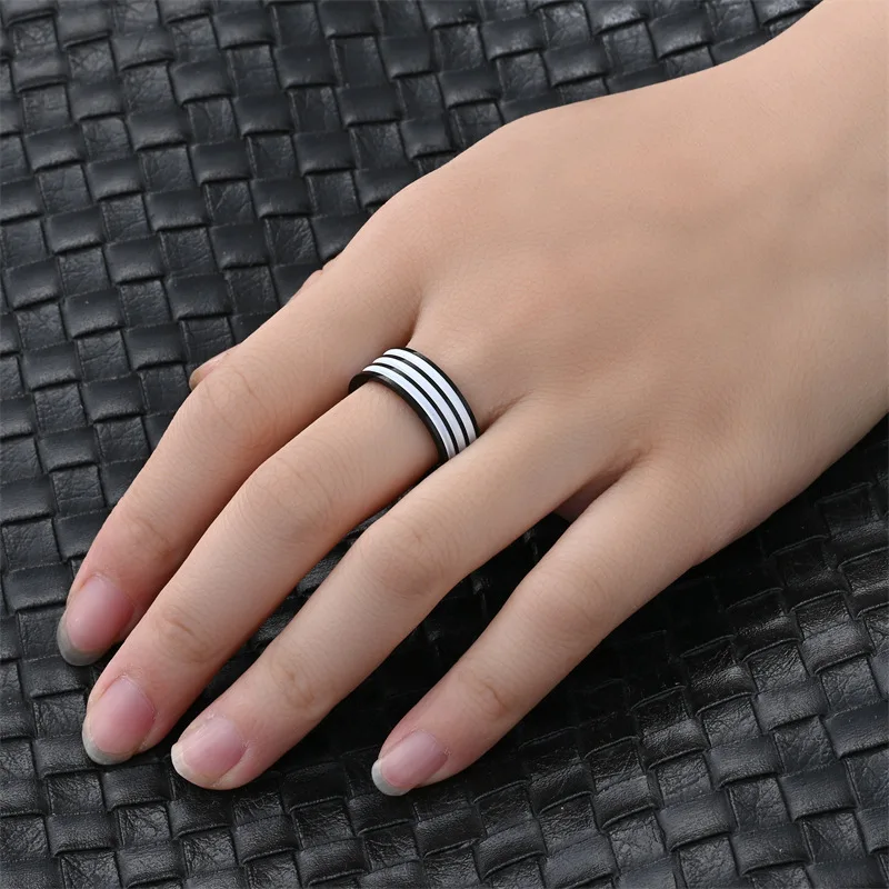 

Fashion 8mm Women's Charm Ring with Stainless Steel Groove White Blue Purple Stripe Enamel for Couple Engagement Jewelry Gifts