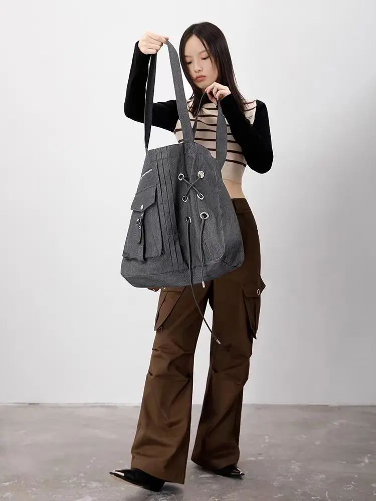 Korean Designer Pocket Ruched Denim Big Handbag Large Capacity Women Fashion Shoulder Bag Female Motor Street Style Tote Bags