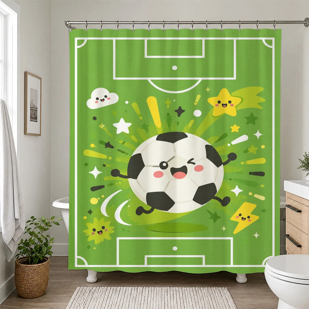 Cute Soccer Ball Shower Curtain Green Field Sports Theme Bathroom Decor Novelty Shower Curtain