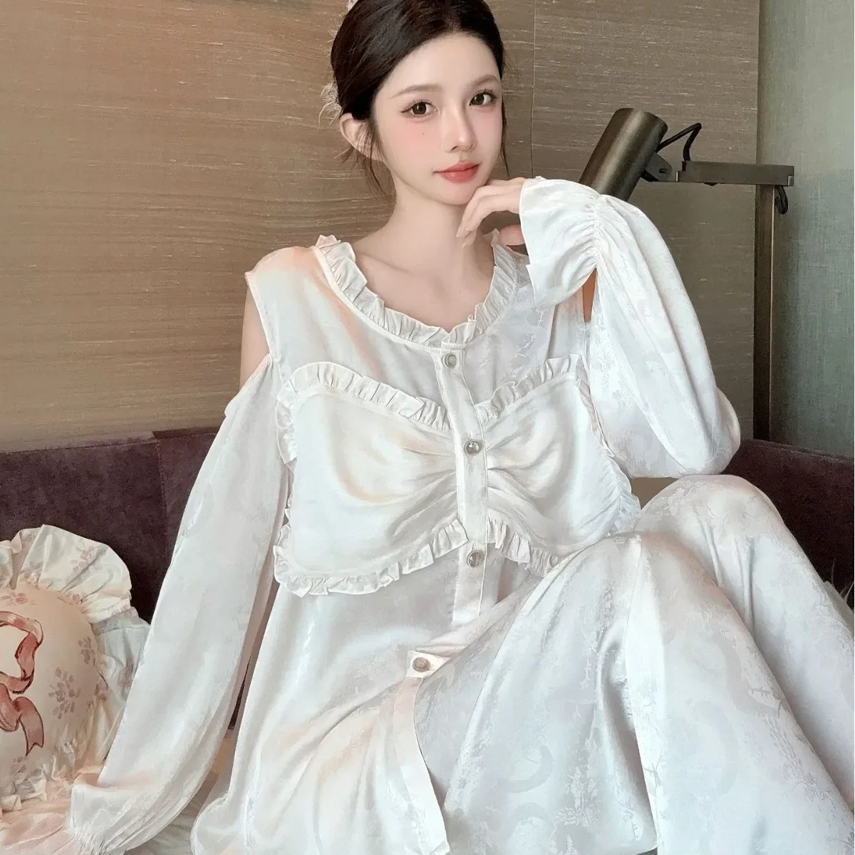 

Роскошный женский пижамный комплект из 2 предметов, весенняя жаккардовая ночная рубашка из шелковистого атласа, пижамы, брючные костюмы, свободная повседневная домашняя одежда