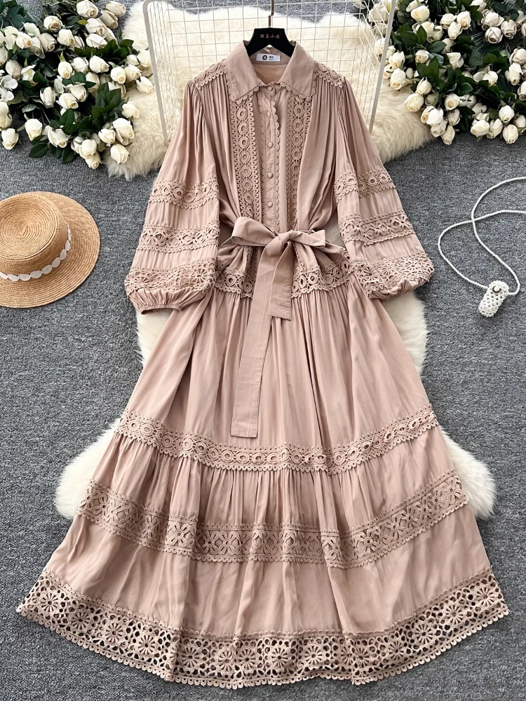 Spring France Elegant Vintage Long Evening Dress Women Hollow Out Lace Button Party Dress Female Casual Chic Festival Clothing