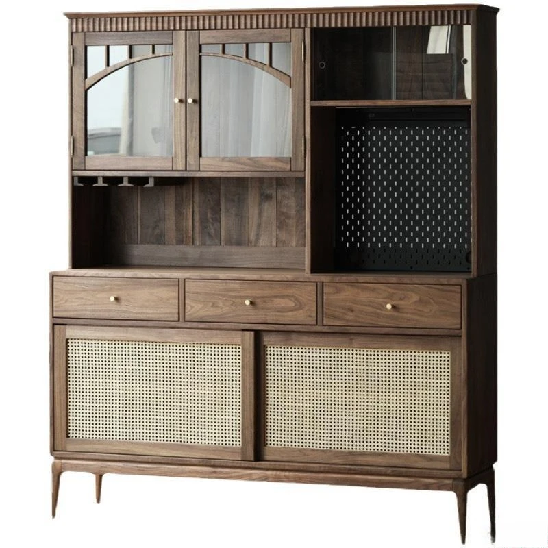 

Nordic solid wood retro dining side cabinet Japanese black walnut dining room locker integrated against the wall