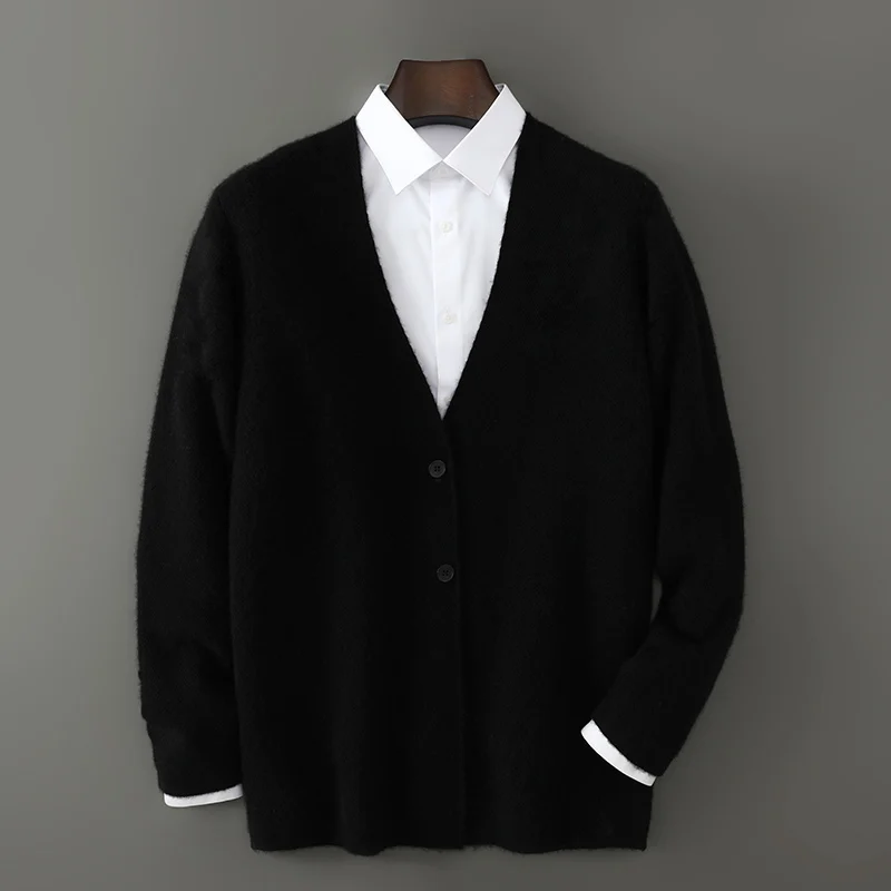 2025 New Products 100% Merino Wool Men's V-neck Knit Cardigan Autumn Winter Solid Color Business Casual Cashmere Jacket Sweater
