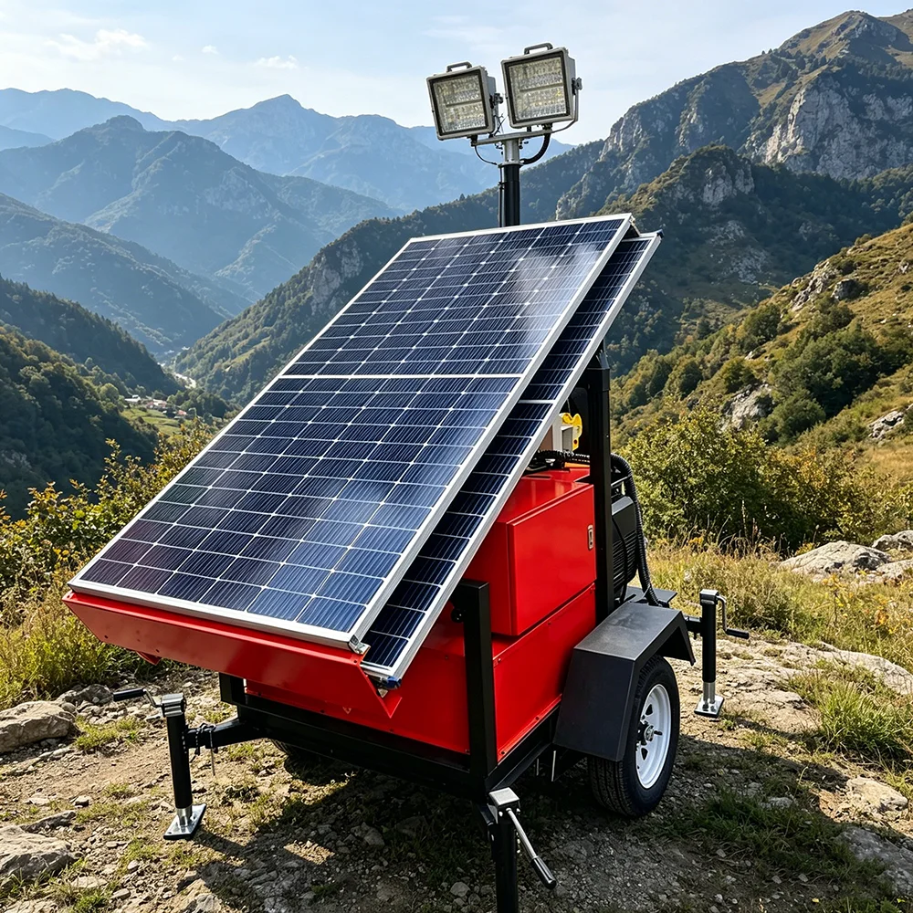 Mobile Solar Light Tower Rugged Outdoor Motorized Lighting Tower with Generator and 4 Wheeled Trailer for Mining and Oil Field