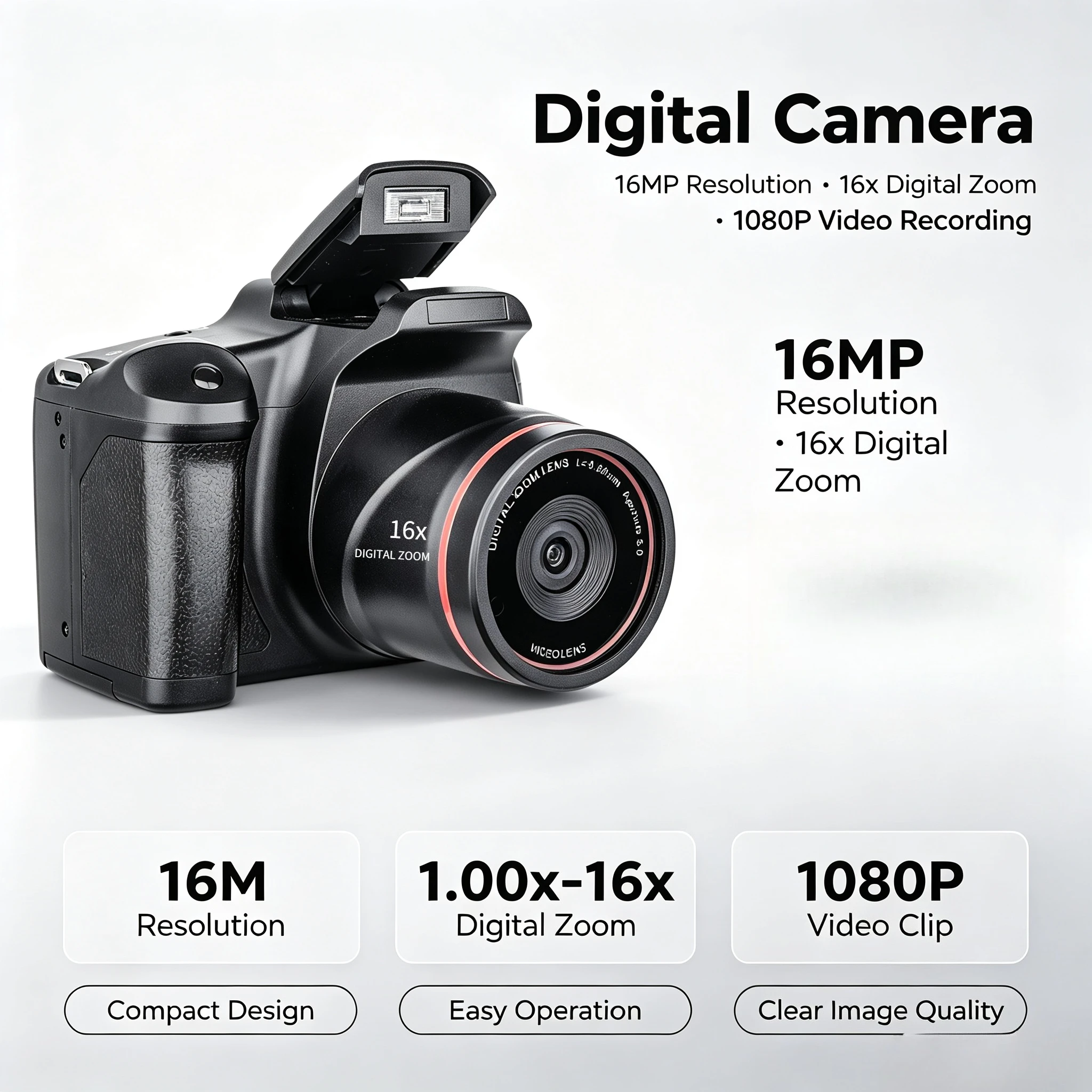 4K Digital Camcorder 16MP Vlog Video Camera 16X Digital Zoom Portable Video Recorder for Travel Party Outdoor Vlogging