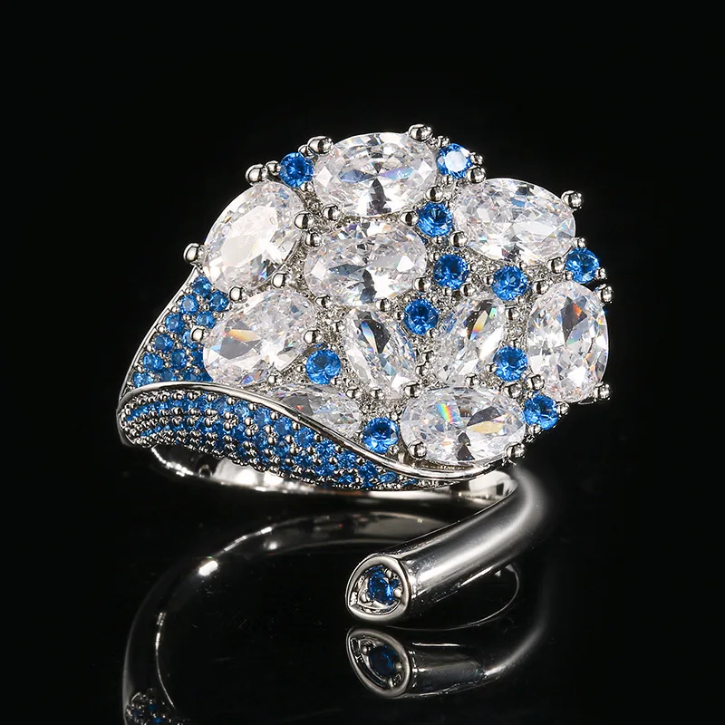 Luxury Full Zircon Inlaid Open Ring with Aquamarine & Ruby For Women Elegant Fashion High End Fine Jewelry Gift