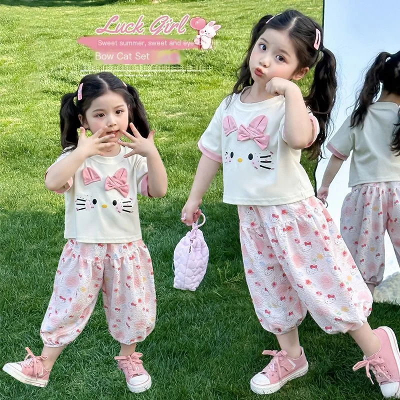 

Sanrio Hello Kitty Girls Pure Cotton Short Sleeve Suit Summer New Style Fashionable Casual Pants Versatile Fashion Cartoon Sweet