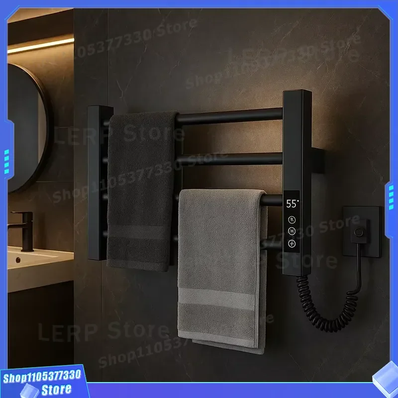 Black Electric Towel Rack Wall Mounted Small Heater for Bathroom Traditional Design Compact Size Efficient Drying Solution