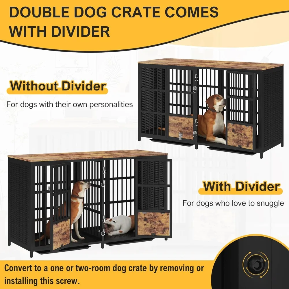 Dog Crate Furniture, 63 Inch Heavy Duty Double Dogs Crate with Divider, Extra Large Dog Kennel Furniture with Removable Trays