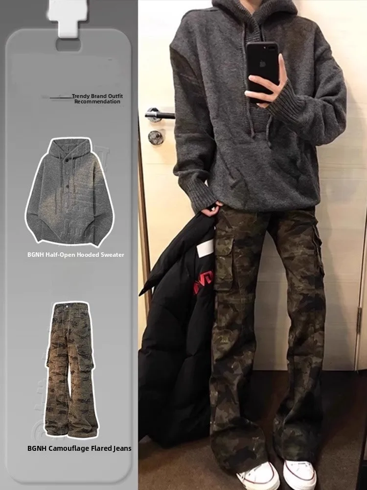 

American Retro Camouflage Wide Leg Workwear Jeans Men's Full Set OOTD Matching Hoodie Knitted Sweater Set Youth Autumn Faion