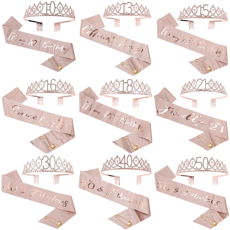 2pcs/set 13th 15th 18th Birthday Sash and Tiara for Girls Rose Gold Birthday Sash Crown for Happy Birthday Party Favor Supplies