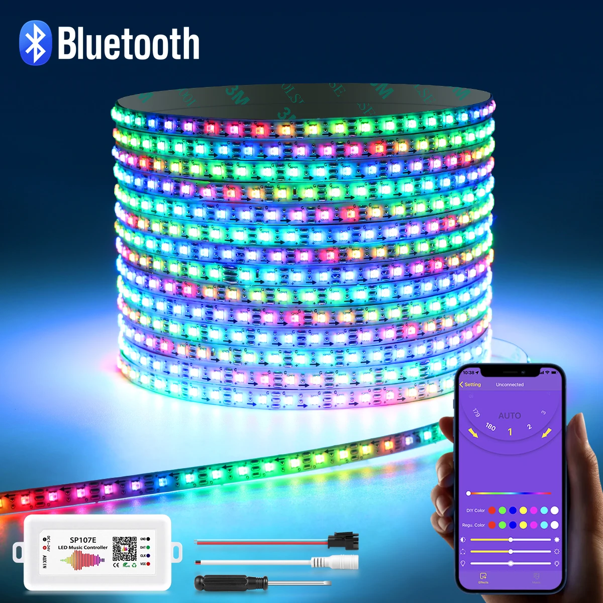 5V WS2812B RGBIC Led Strip Lights SP107E Bluetooth Controller Smart Pixel Individually Addressable Music Sync Neon Tape Lamp