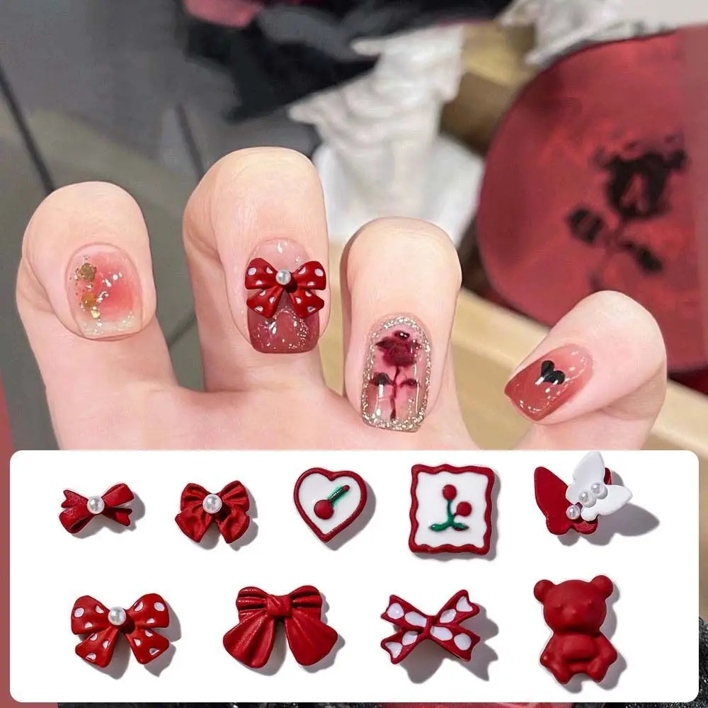 

5Pcs Bowknot Flower New Year Frosted Red Bear Nail Art Alloy Love Heart Nail Accessories Butterfly Manicure Decorations