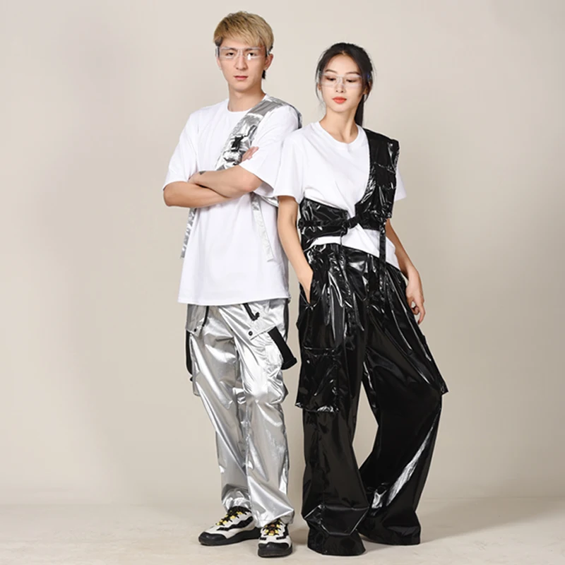

Silver Hip Hop Stage Costume Men Jazz Dance Performance Outfit Women Street Dance Clothing Black Pants Waistcoat Sportswear 1722