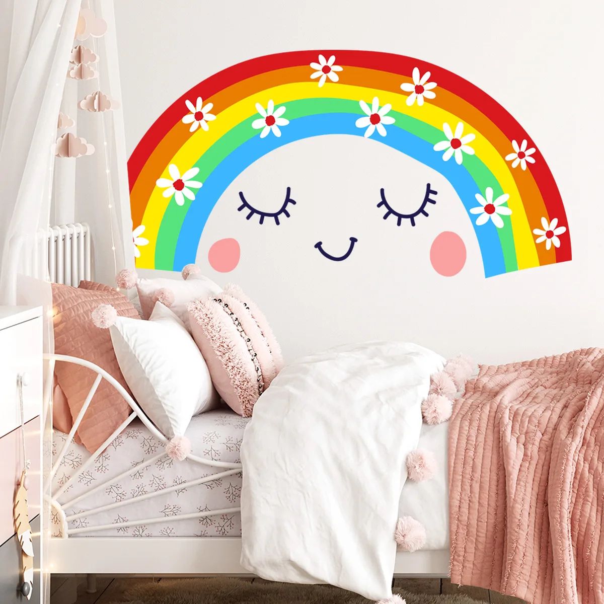 2 قطعة الكرتون مبتسم قوس قزح ملصقات جدار غرفة المعيشة فتاة غرفة نوم خلفية لوحة على الحائط لتزيين المنزل الجدار ملصق خلفية Atw056 #2