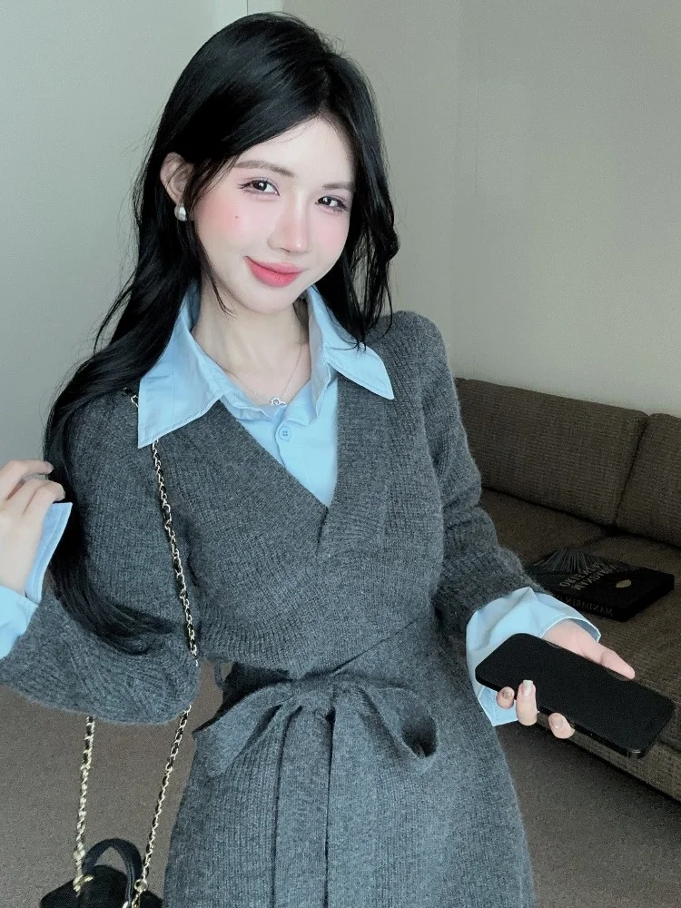 

Ladies' Korean Style Shirt Dress Knitted Wrap Waist Short Sweater Dress Fake Two-Piece Belted Splice Autumn Winter Fashion