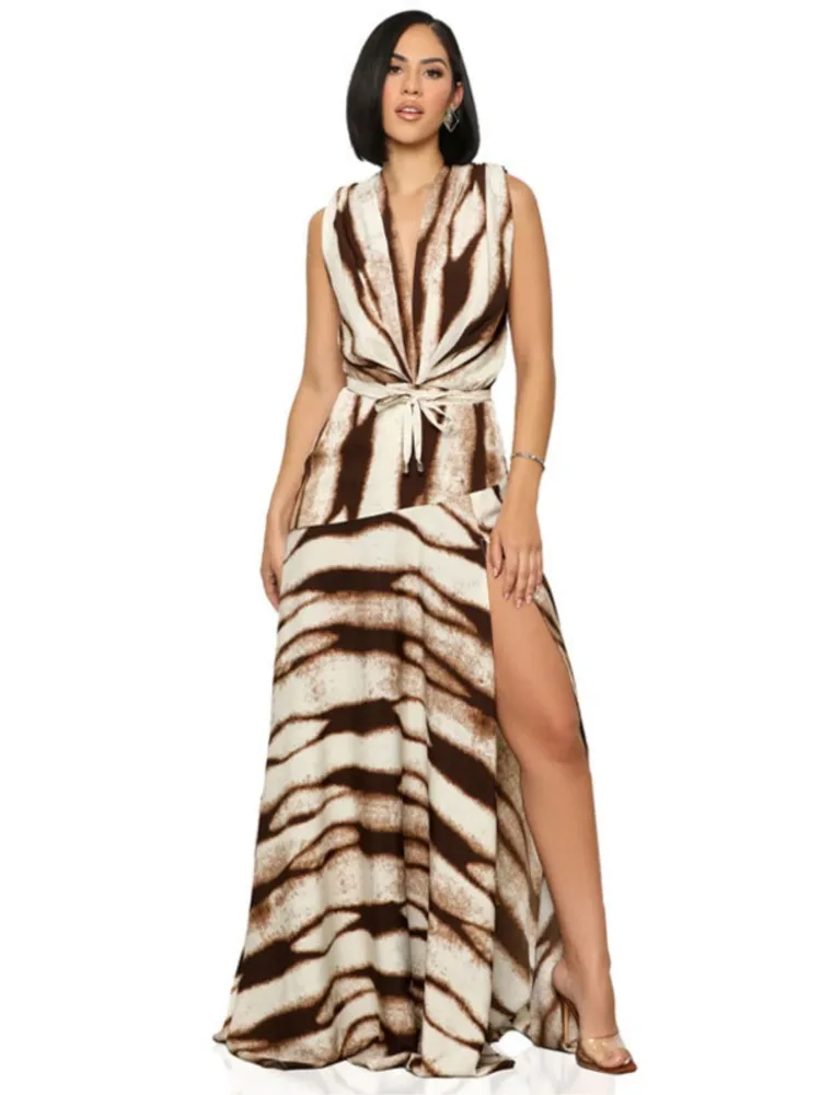 

Women Sexy V-neck Printed Long Dress Fashion Elegant Vintage Lace-up Striped Slit Dresses 2025 Summer Sleeveless Slim Vestidos