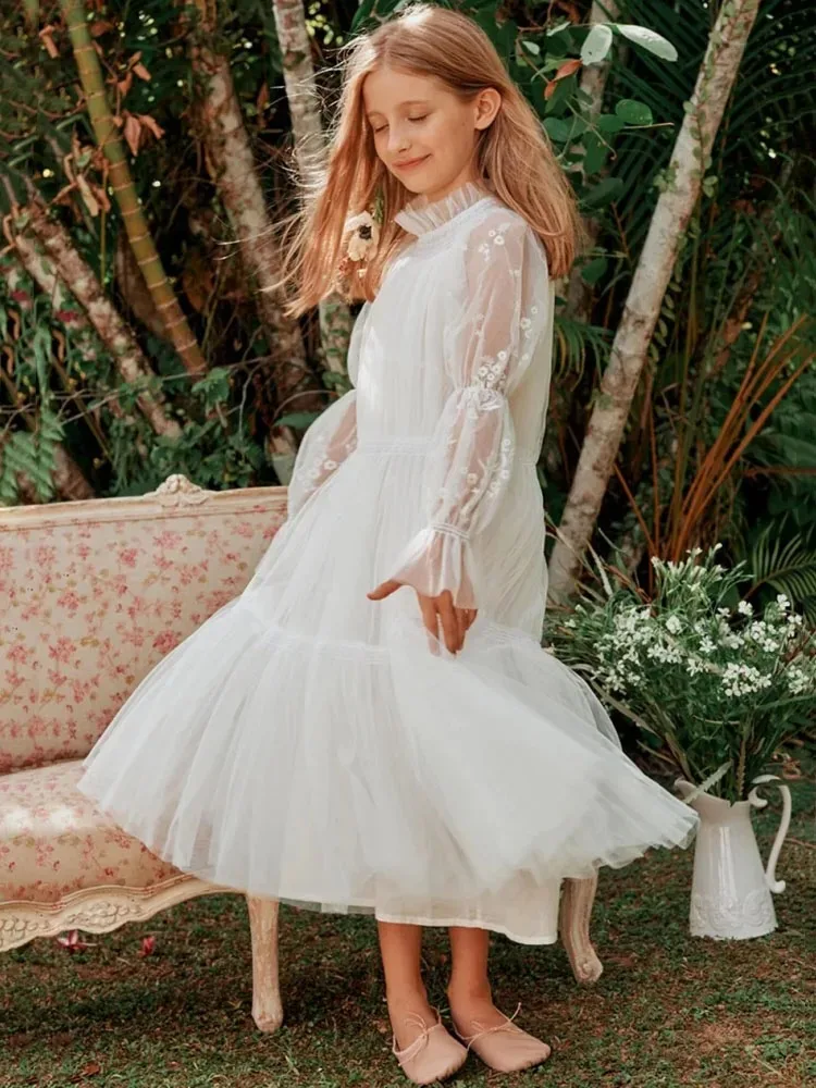 Custom Flower Girl Dress, White Multi-Layer Floral Embroidery Long Sleeve, Suitable for Birthday Parties, Banquets, and First Co