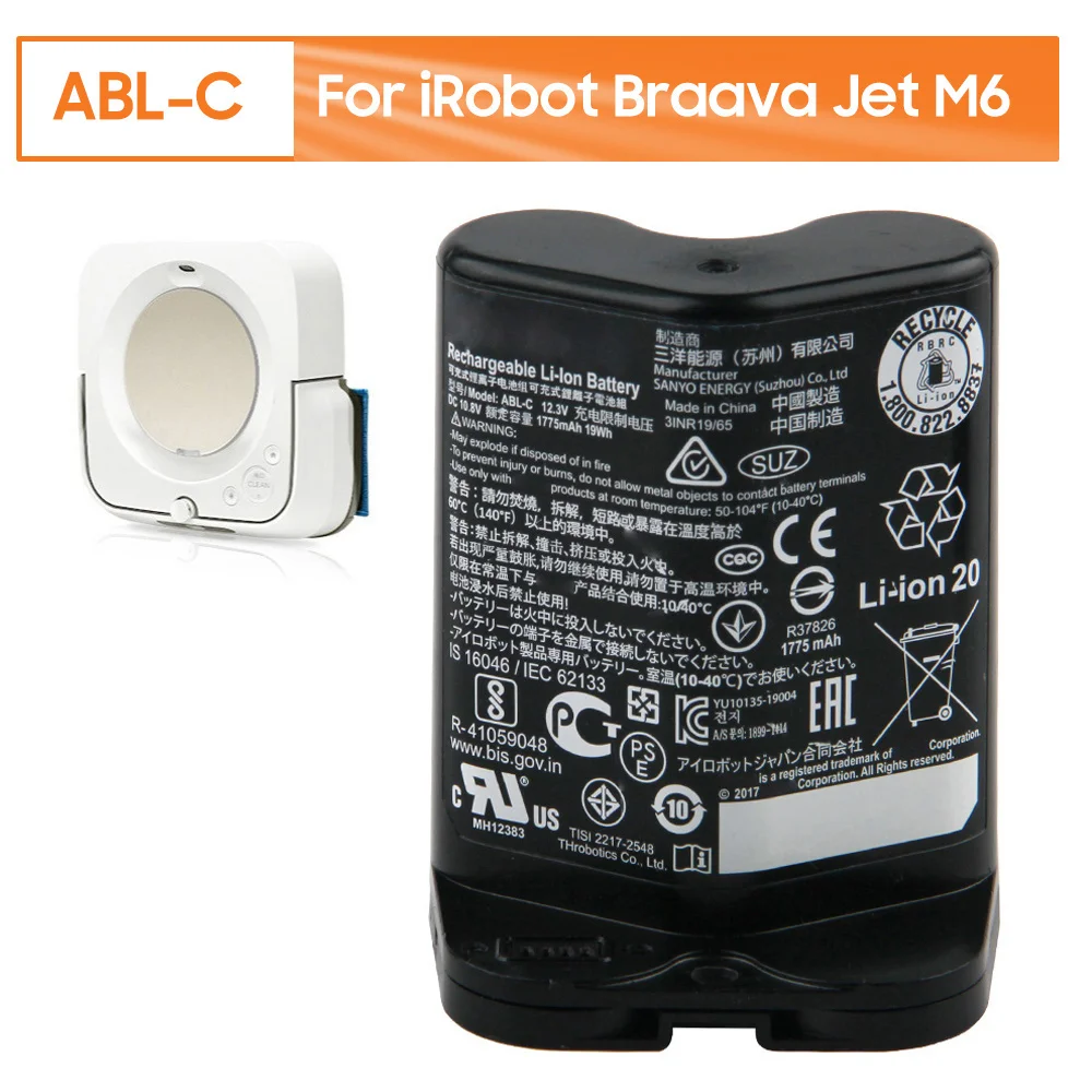 Batterie Rechargeable Li-Ion ABL-C pour iRobot Braava, Jet M6, 1775mAh, 10.8V, pour serpillière Robot ultime