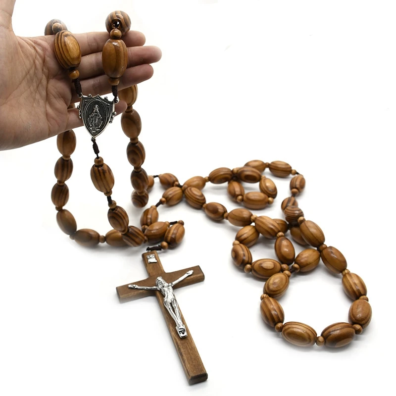 Wall Rosary Necklace Big Wooden Beads Long Cross Pendant Catholic Jewelry