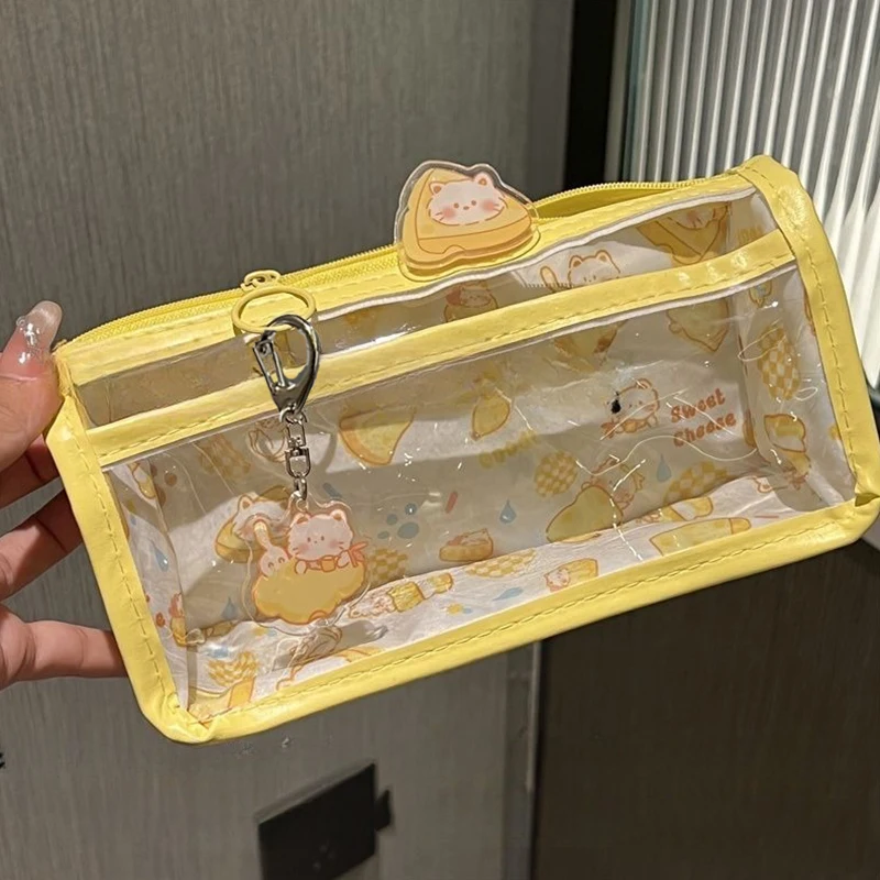 Cartoon Translucent Pencil Case Multi-layer Vertical Large-capacity Stationery Cosmetic Storage Bag School Supply Practical Cute
