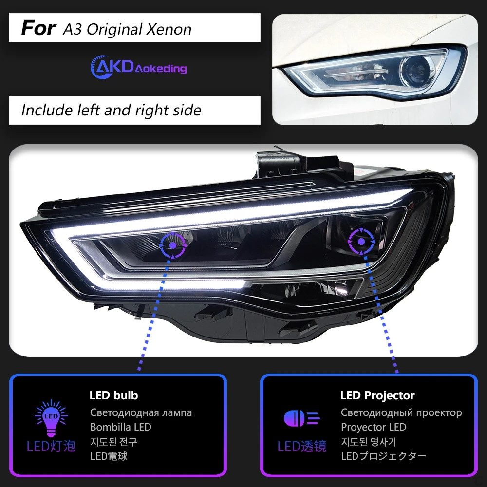 AKD 2 STUKS Auto Hoofd Lamp voor Audi A3 2013-2016 LED Koplamp Projector Lens DRL Hoofd Lamp auto Accessoires