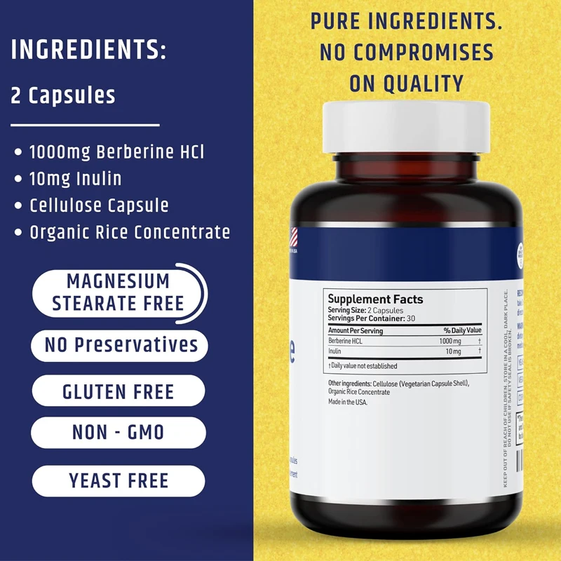 Berberine HCL 1000mg supplement complex contains inulin and 500mg aspartic acid. Magnesium stearate free herbal supplement