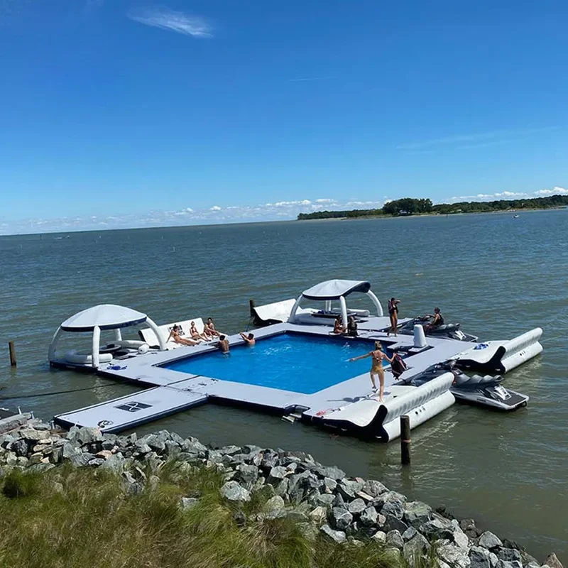 

Summer Leisure Water Party Bana Commercial Inflatable Floating Pier Platform with Tent