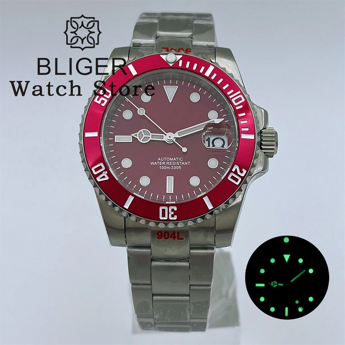 BLIGER 40mm NH35 PT5000 Automatic Red Black Blue Green Diving Watch For Men Stainless Bracelet Date Magnifier Deep waterproofing