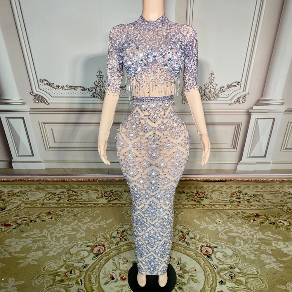 

Customized New Sexy Lace Transparent Diamond Pearl Sequins Feather Water Diamond Wrap Hip Dress Long Dress Performance Dress