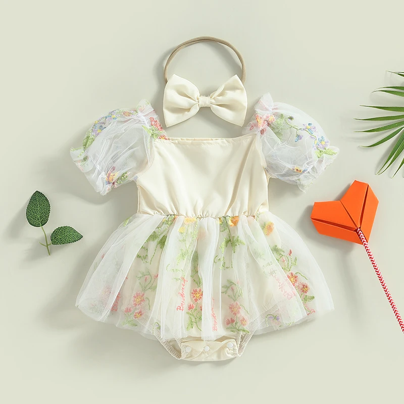 

Newborn Baby Girl Romper Dress Summer Ruffle Lace Mesh Embroidery Bodysuit Tutu Dress Infant Girl Holiday Outfits