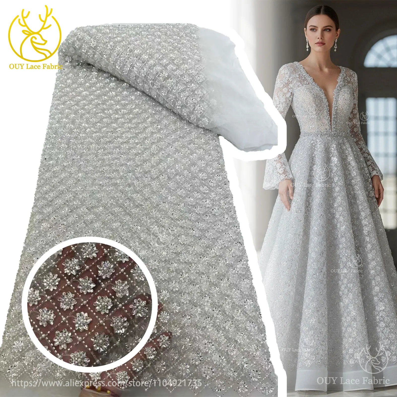 Белое свадебное платье, элегантное французское платье с вышивкой блестками, тюлевая кружевная ткань, африканская нигерийская кружевная ткань для жениха, расшитая бисером