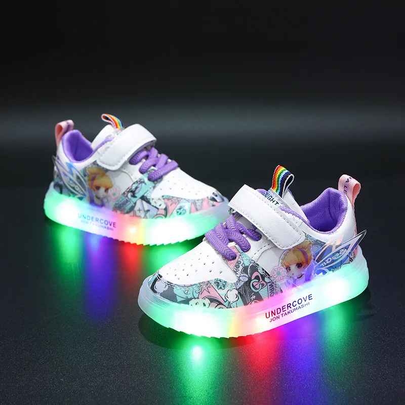 Disney Children\'s LED Light Shoes Sneakers Pu Girls Princess LED Light Children 1-6 Years Old White Pink Casual Sports Shoes