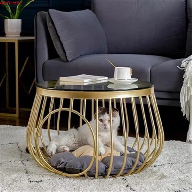 60cm Creative Nordic Iron Tea Table Round Coffee Table for Living Room Furniture Bed Side Table Rock Plate Tables Cat House Bed