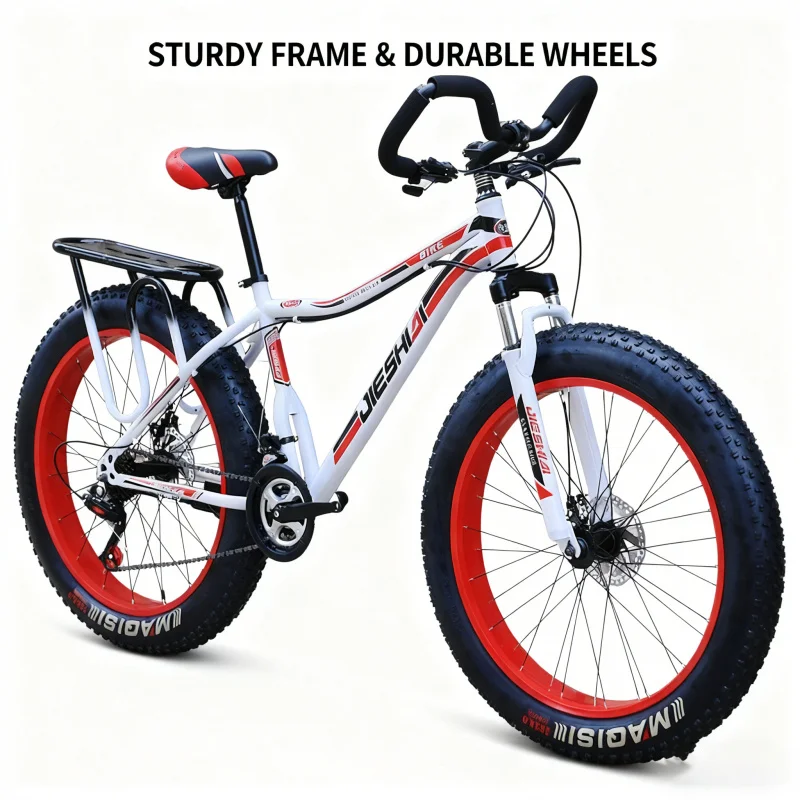 

White and red butterfly handle Large Tire Bicycle Adult Men's Variable Speed Thick Wide Snow Mountain Bike Off-Road Fat Bike Bea